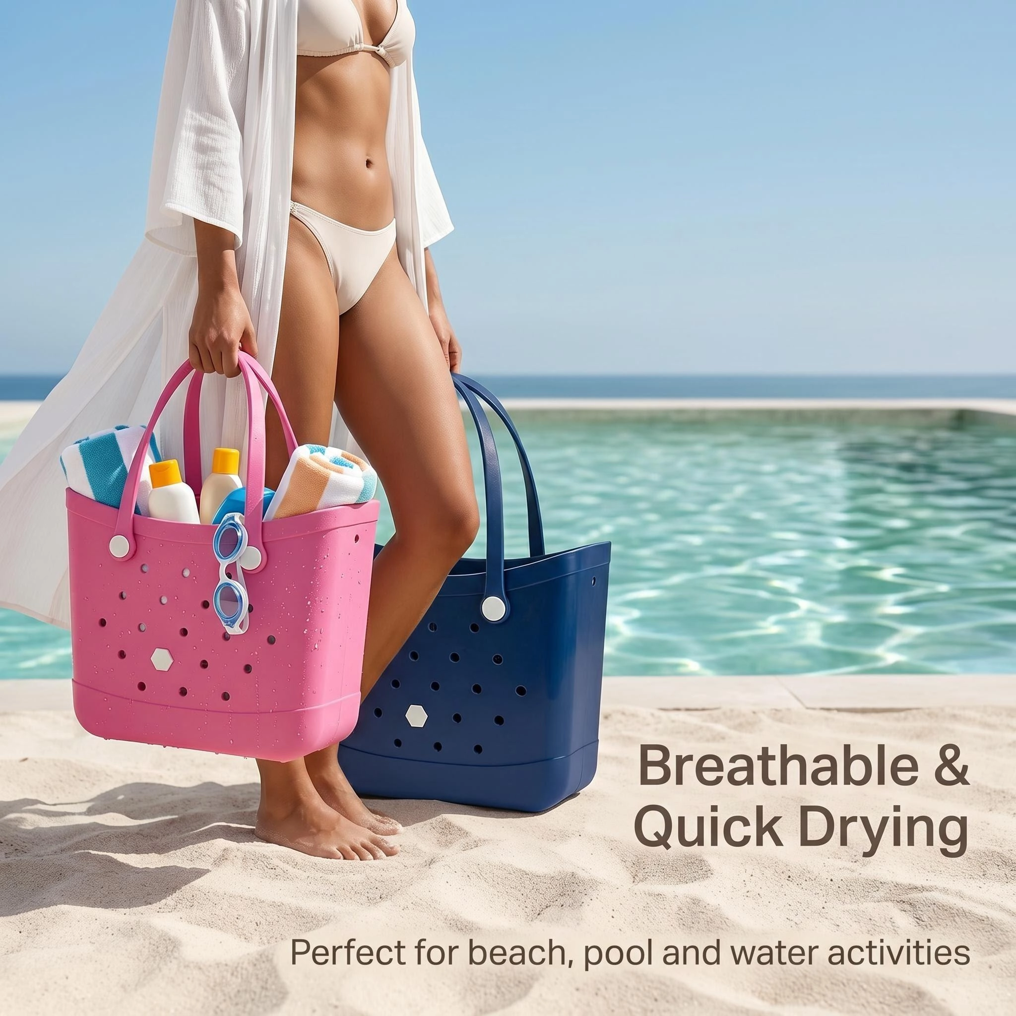 SOTEKOU mesh beach bag in social setting – perfect for beach, pool, and travel adventures